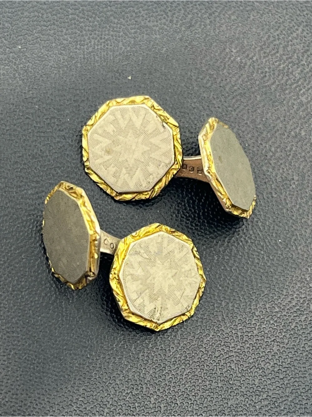 C.L.P. Co Art Deco two tone gold & silver tone engraved design cufflinks vintage